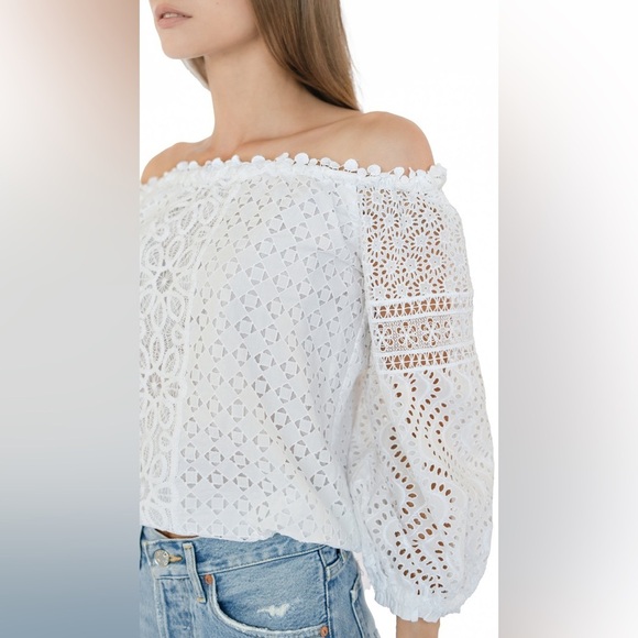 TEMPTATION POSITANO Off the Shoulder Cotton Bianco Eyelet White Charlotte Top S - Picture 2 of 12